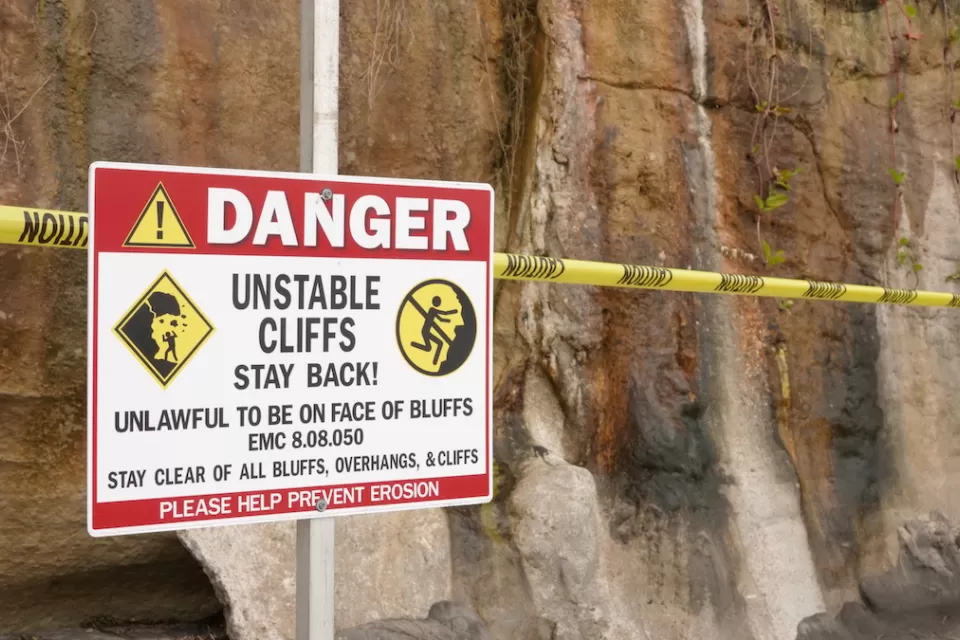 "Danger - Unstable Cliffs" sign
